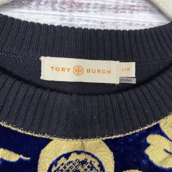 TORY BURCH Sweater Hollis Floral Mixed Media Merino Velvet Brocade Women’s Large - Picture 7 of 12